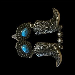 NIP, Metal Turquoise and Silver Western Boot Cowboy Spurs Dangle Gem 💎 Earrings